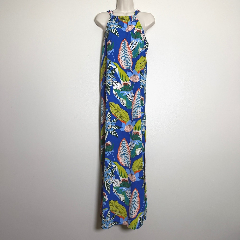 Jade Melody Tam Womens Maxi Dress L Blue Floral Tropical Halter Vacation Resort